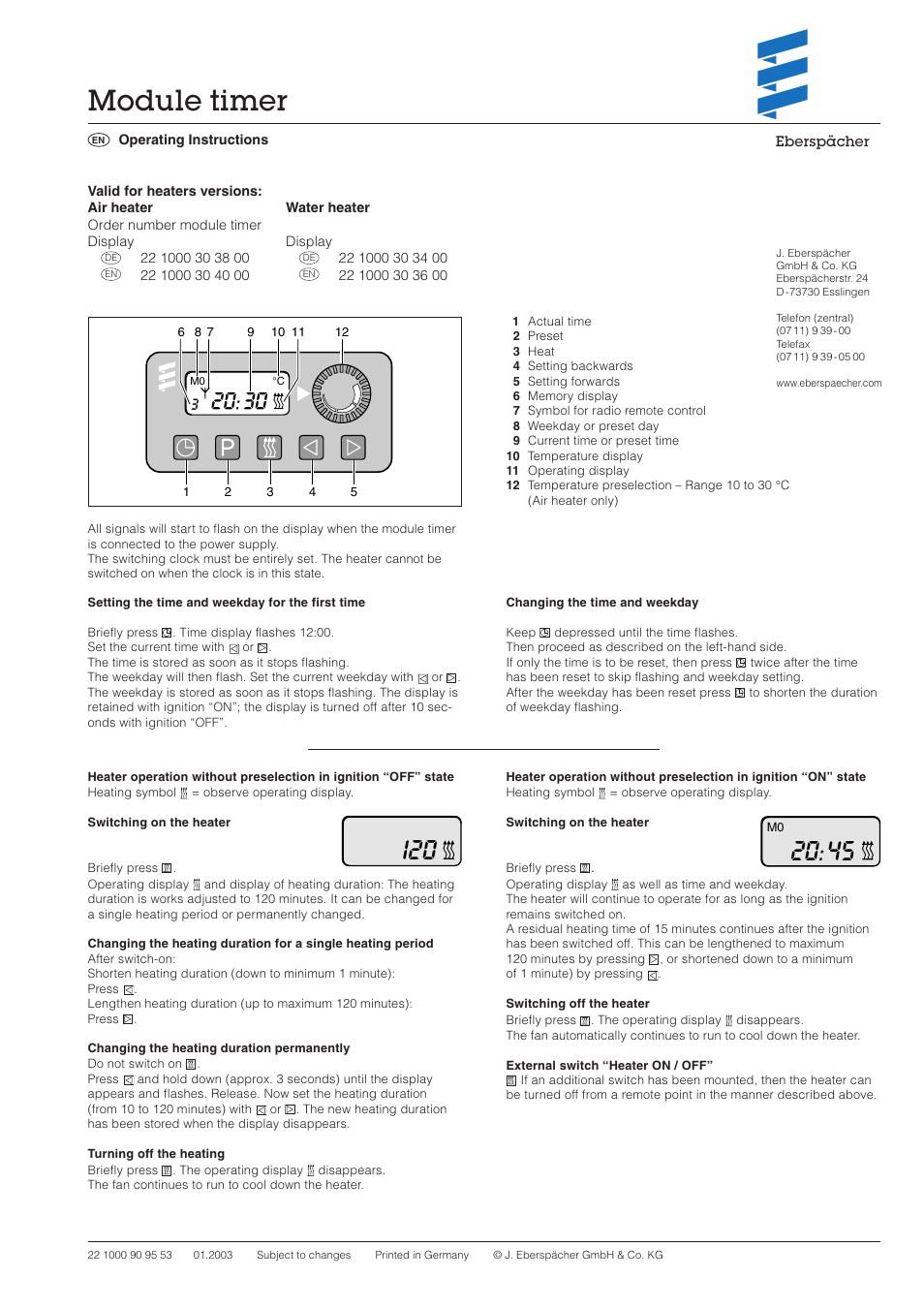 Eberspacher Module Timer User Manual | 2 pages