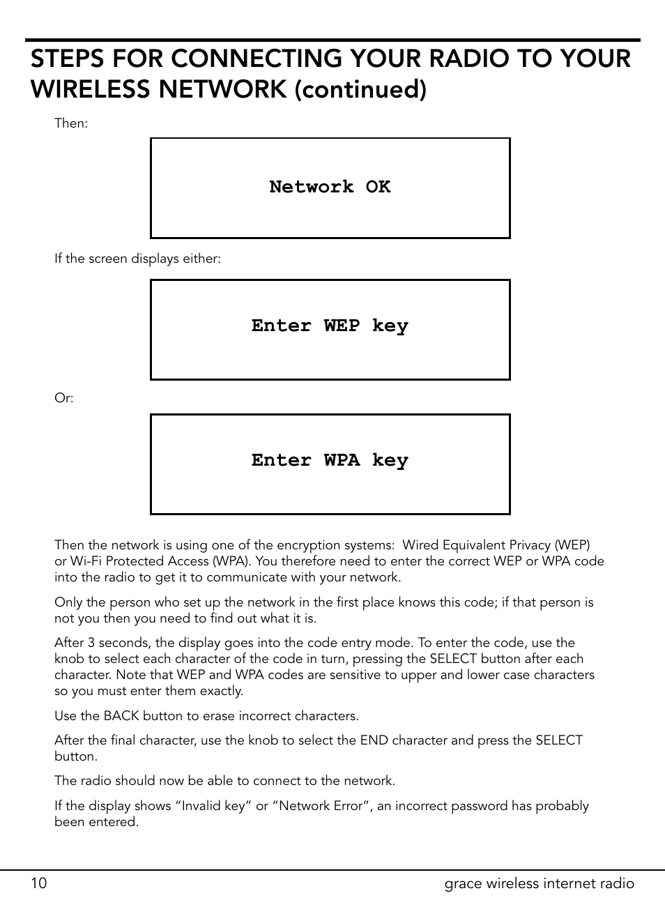 Enter wep key, Enter wpa key, Network ok | ECOXGEAR ITCIR1000: Original Grace Internet Radio User Manual | Page 10 / 41