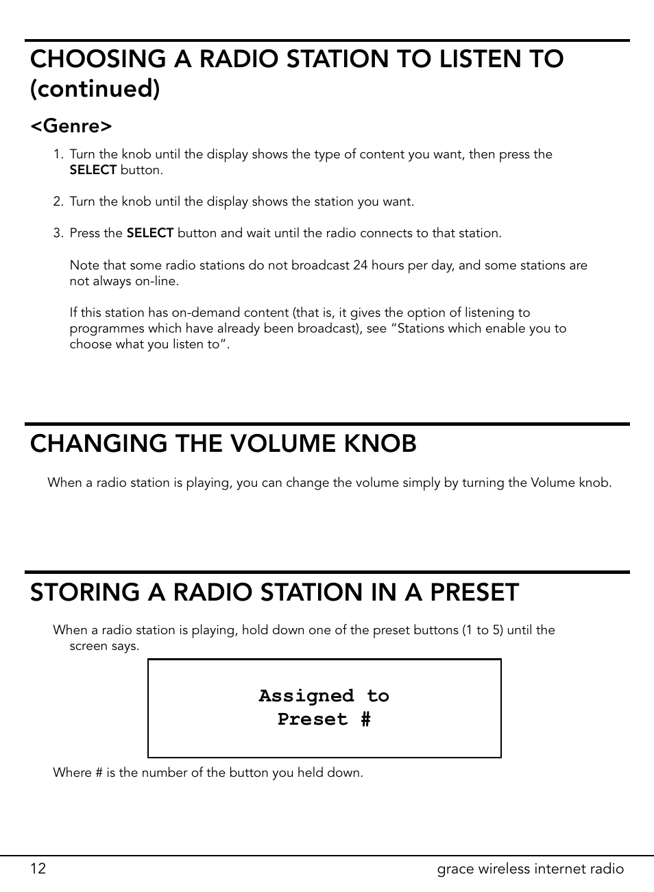 Storing a radio station in a preset, Genre, Assigned to preset | ECOXGEAR ITCIR1000: Original Grace Internet Radio User Manual | Page 12 / 41