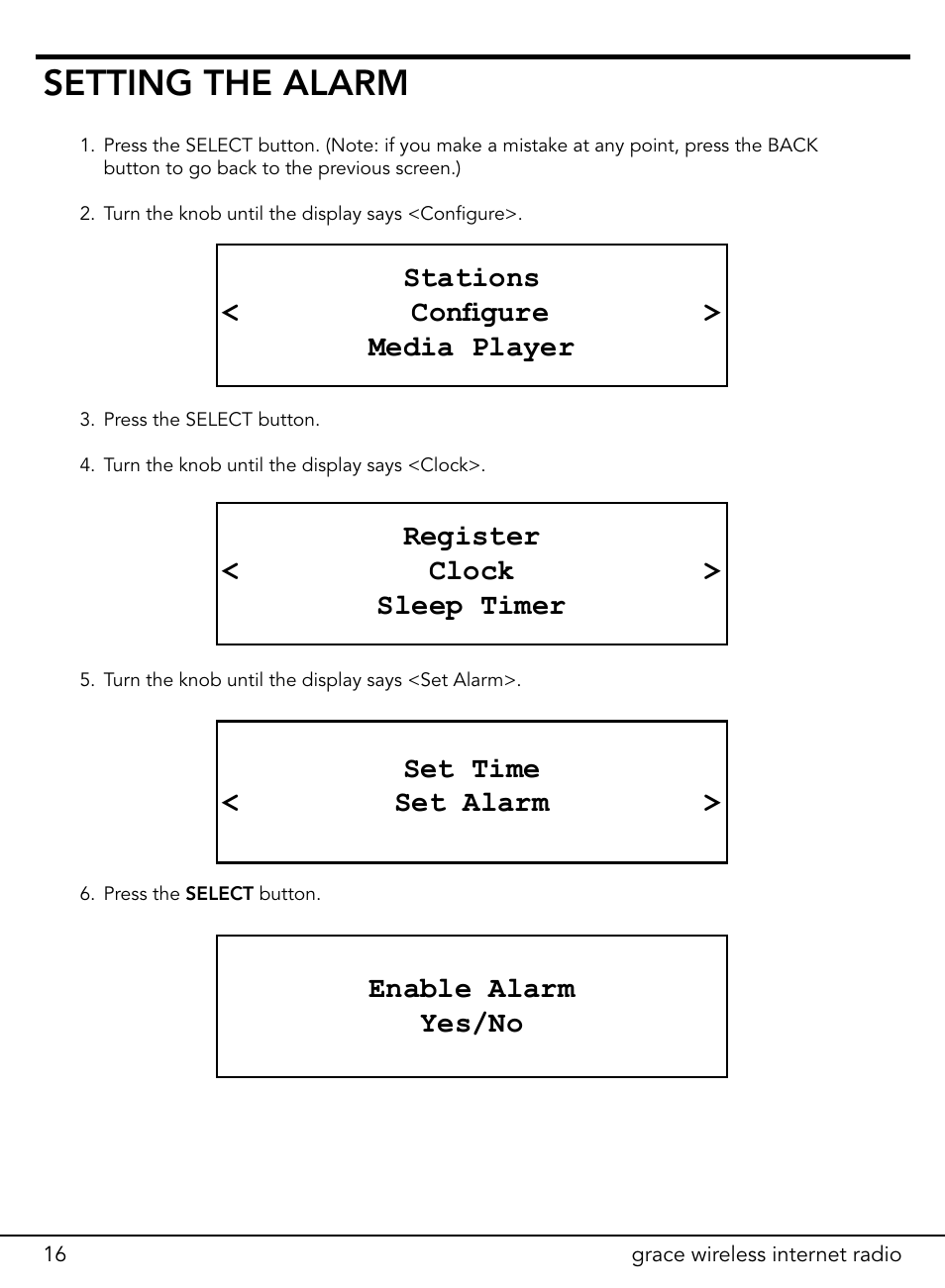 Setting the alarm | ECOXGEAR ITCIR1000: Original Grace Internet Radio User Manual | Page 16 / 41