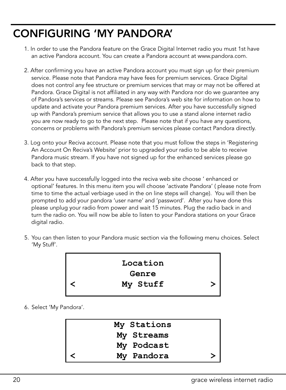Configuring ‘my pandora | ECOXGEAR ITCIR1000: Original Grace Internet Radio User Manual | Page 20 / 41