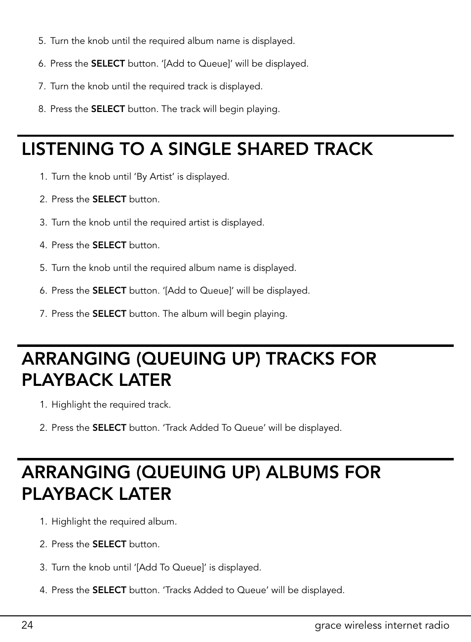 Listening to a single shared track, Arranging (queuing up) tracks for playback later, Arranging (queuing up) albums for playback later | ECOXGEAR ITCIR1000: Original Grace Internet Radio User Manual | Page 24 / 41