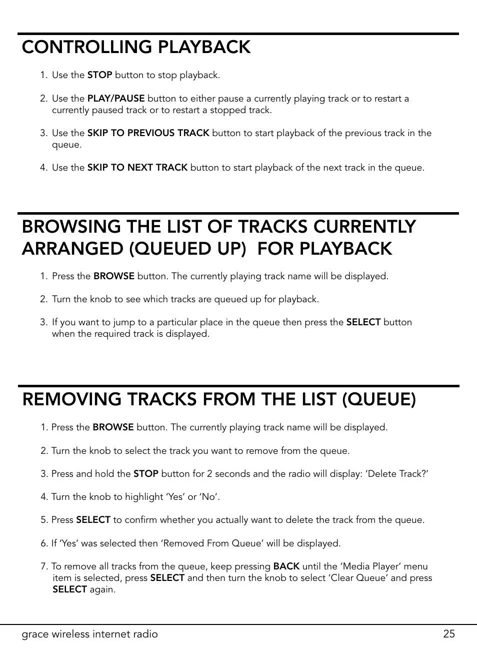 Removing tracks from the list (queue), Controlling playback | ECOXGEAR ITCIR1000: Original Grace Internet Radio User Manual | Page 25 / 41