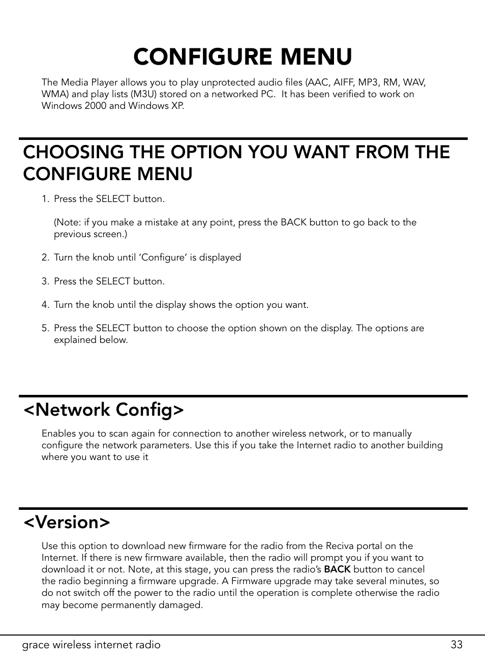 Configure menu, Network config, Version | ECOXGEAR ITCIR1000: Original Grace Internet Radio User Manual | Page 33 / 41