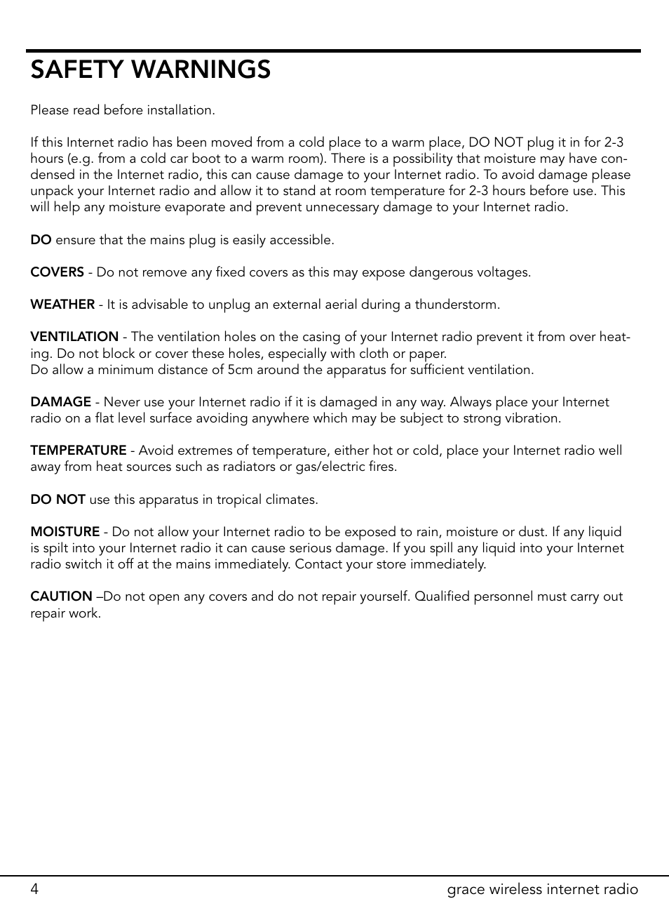 Safety warnings | ECOXGEAR ITCIR1000: Original Grace Internet Radio User Manual | Page 4 / 41