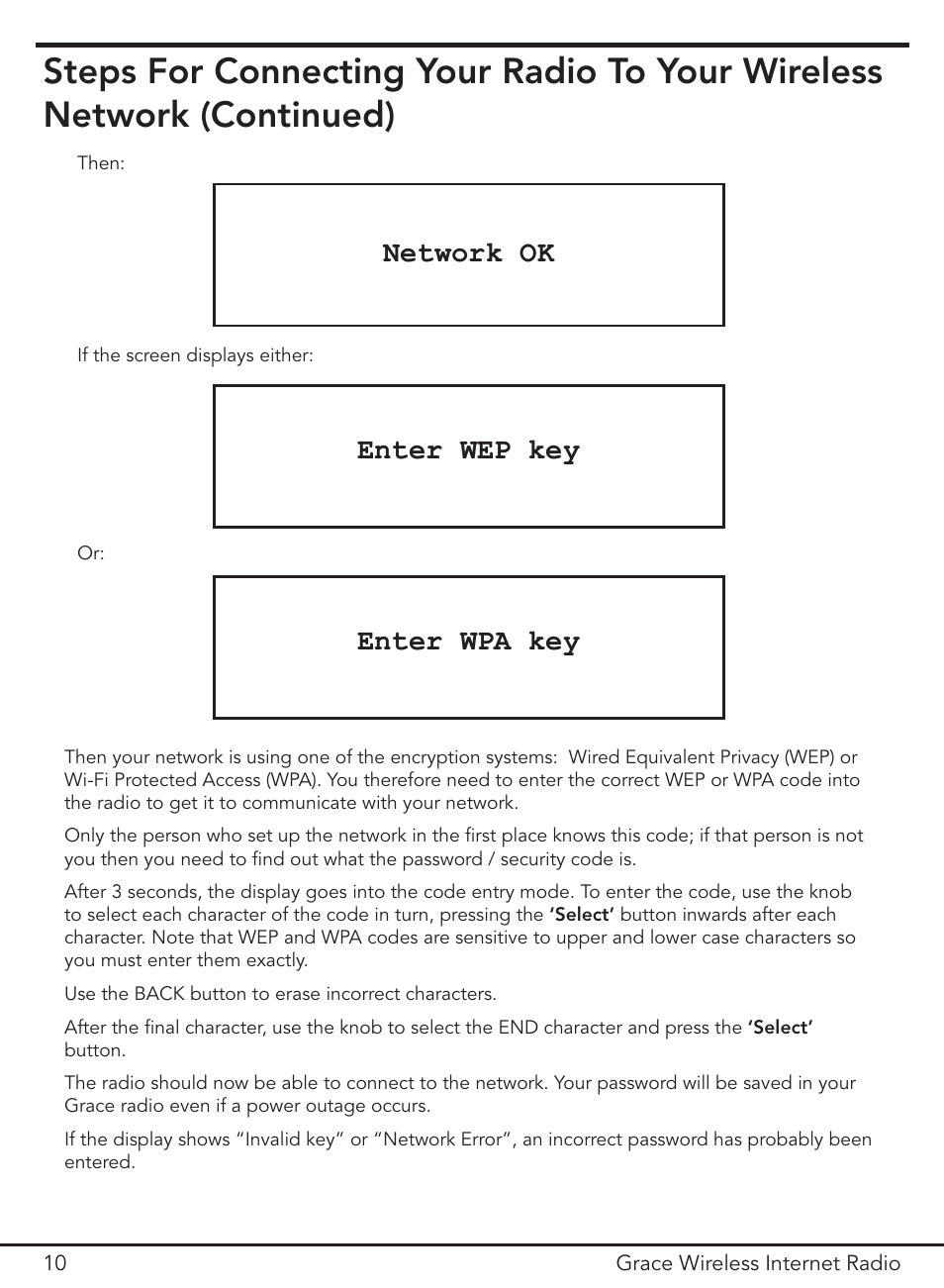 Enter wep key, Enter wpa key, Network ok | ECOXGEAR IR1000: Innovator User Manual | Page 10 / 44