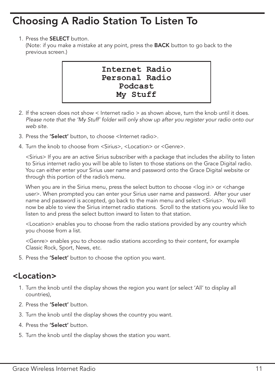 Choosing a radio station to listen to, Internet radio personal radio podcast my stuff, Location | ECOXGEAR IR1000: Innovator User Manual | Page 11 / 44