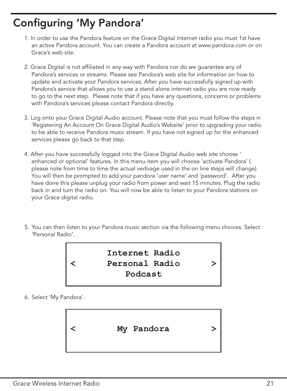 Configuring ‘my pandora | ECOXGEAR IR1000: Innovator User Manual | Page 21 / 44