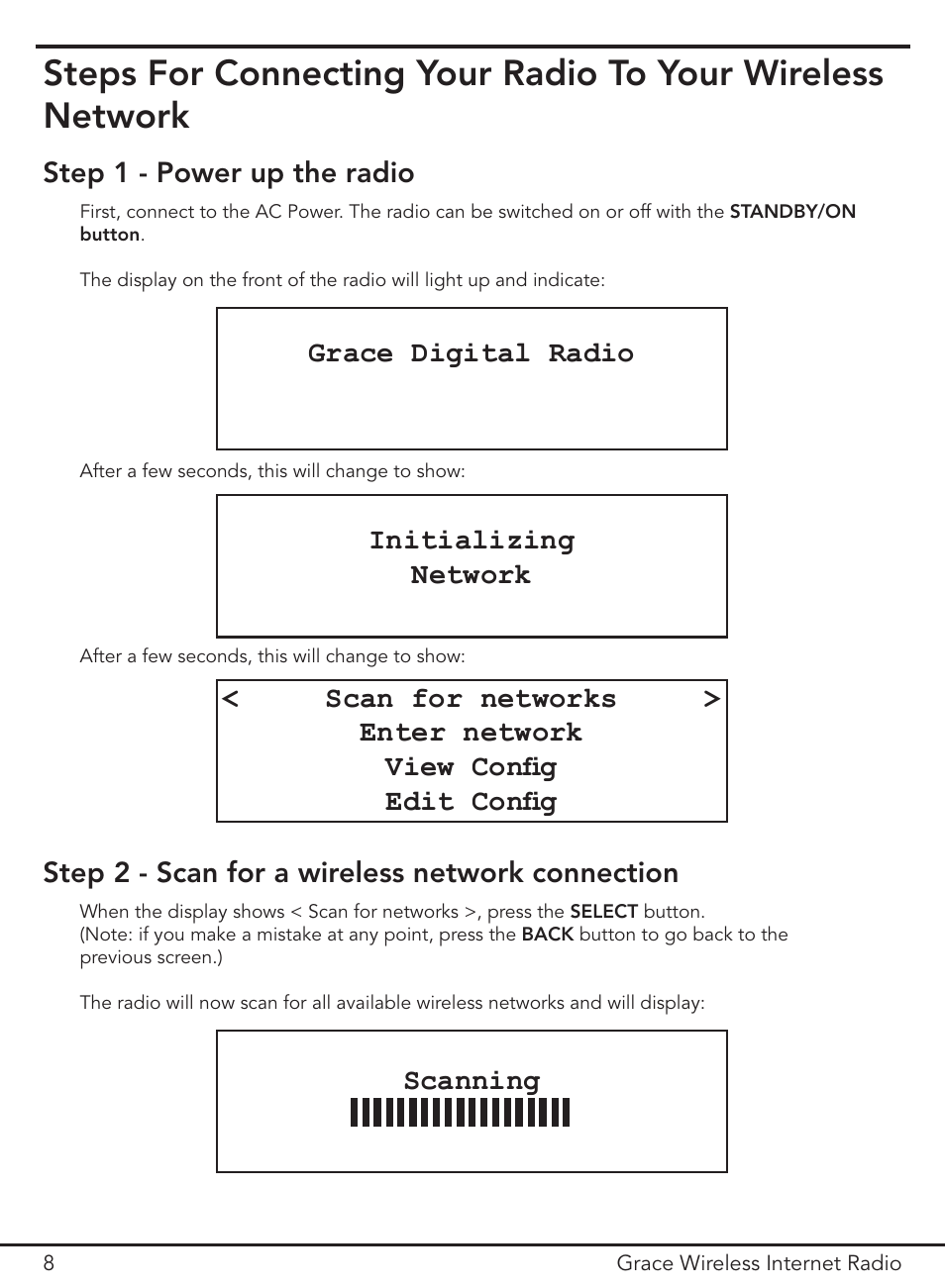 Step 1 - power up the radio grace digital radio, Initializing network | ECOXGEAR IR1000: Innovator User Manual | Page 8 / 44