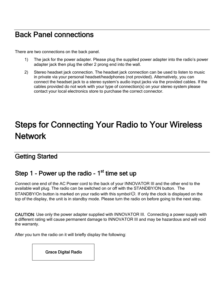 Back panel connections, Getting started, Getting started step 1 - power up the radio - 1 | Time set up | ECOXGEAR IR2500: Innovator III User Manual | Page 13 / 51
