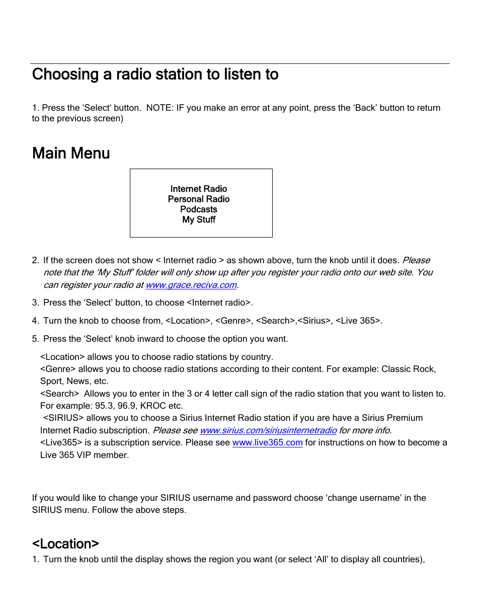 Choosing a radio station to listen to, Main menu, Location | ECOXGEAR IR2500: Innovator III User Manual | Page 17 / 51