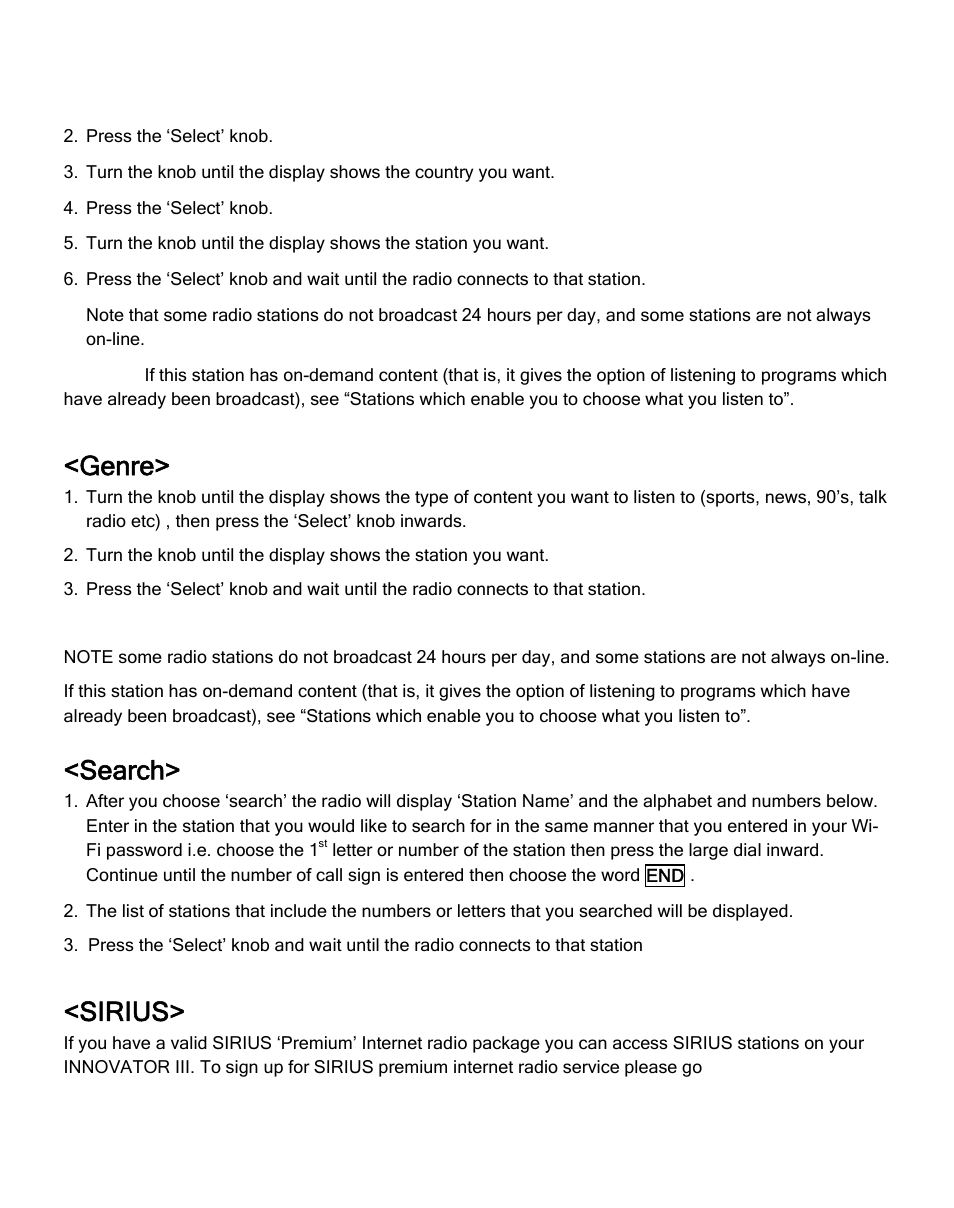 Genre, Search, Sirius | ECOXGEAR IR2500: Innovator III User Manual | Page 18 / 51
