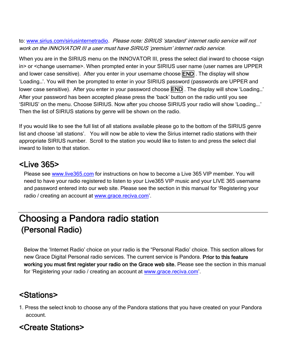 Choosing a pandora radio station, Live 365, Personal radio) | Stations, Create stations | ECOXGEAR IR2500: Innovator III User Manual | Page 19 / 51