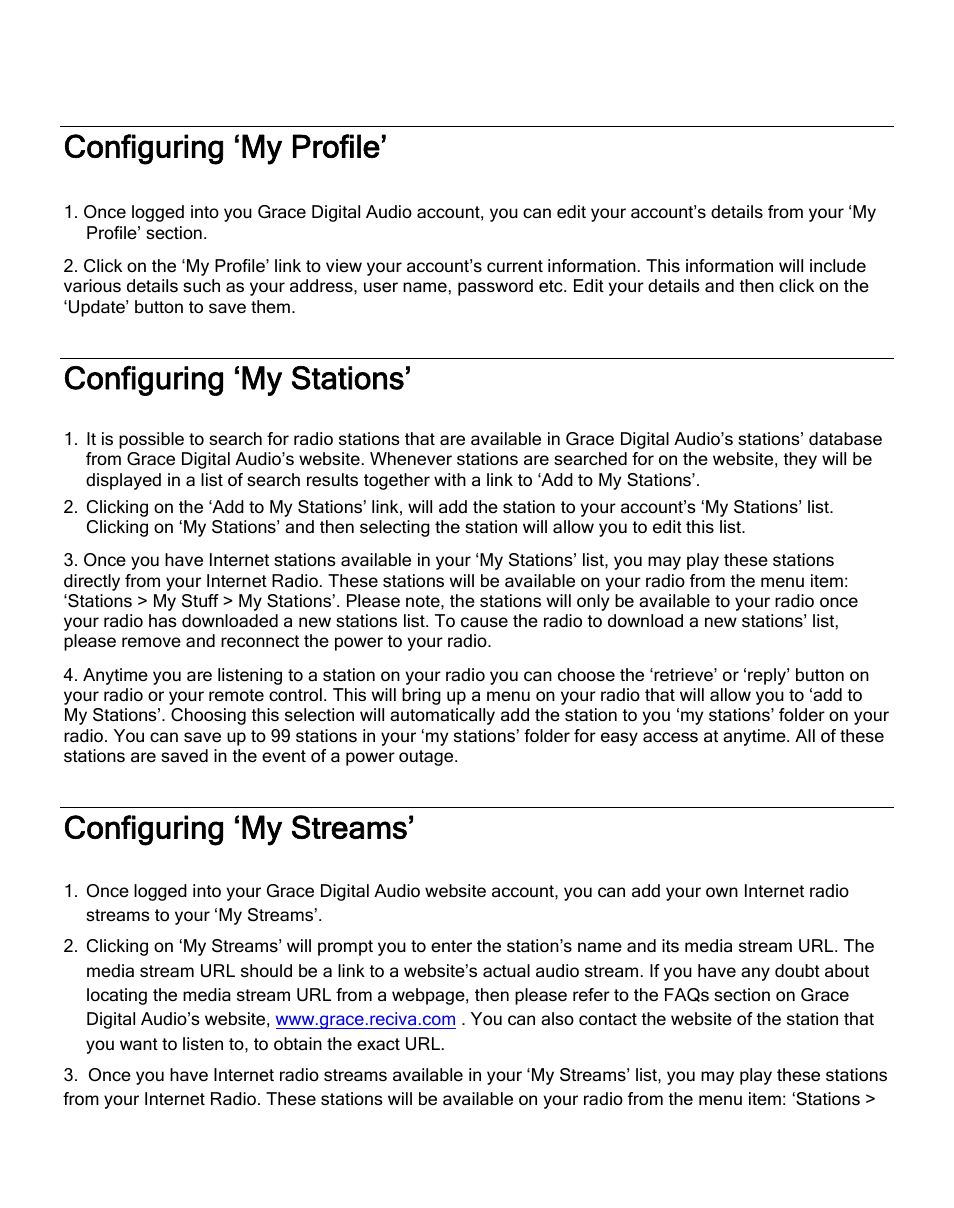 Configuring ‘my profile, Configuring ‘my stations, Configuring ‘my streams | ECOXGEAR IR2500: Innovator III User Manual | Page 27 / 51