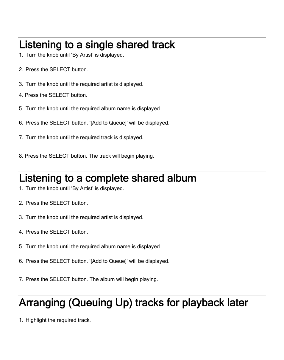 Listening to a single shared track, Listening to a complete shared album, Arranging (queuing up) tracks for playback later | ECOXGEAR IR2500: Innovator III User Manual | Page 33 / 51