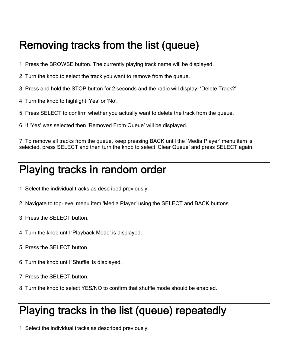 Removing tracks from the list (queue), Playing tracks in random order, Playing tracks in the list (queue) repeatedly | ECOXGEAR IR2500: Innovator III User Manual | Page 35 / 51