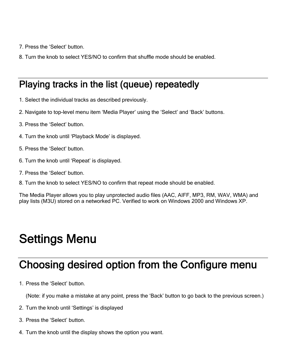 Playing tracks in the list (queue) repeatedly, Choosing desired option from the configure menu, Settings menu | ECOXGEAR IR2500: Innovator III User Manual | Page 41 / 51