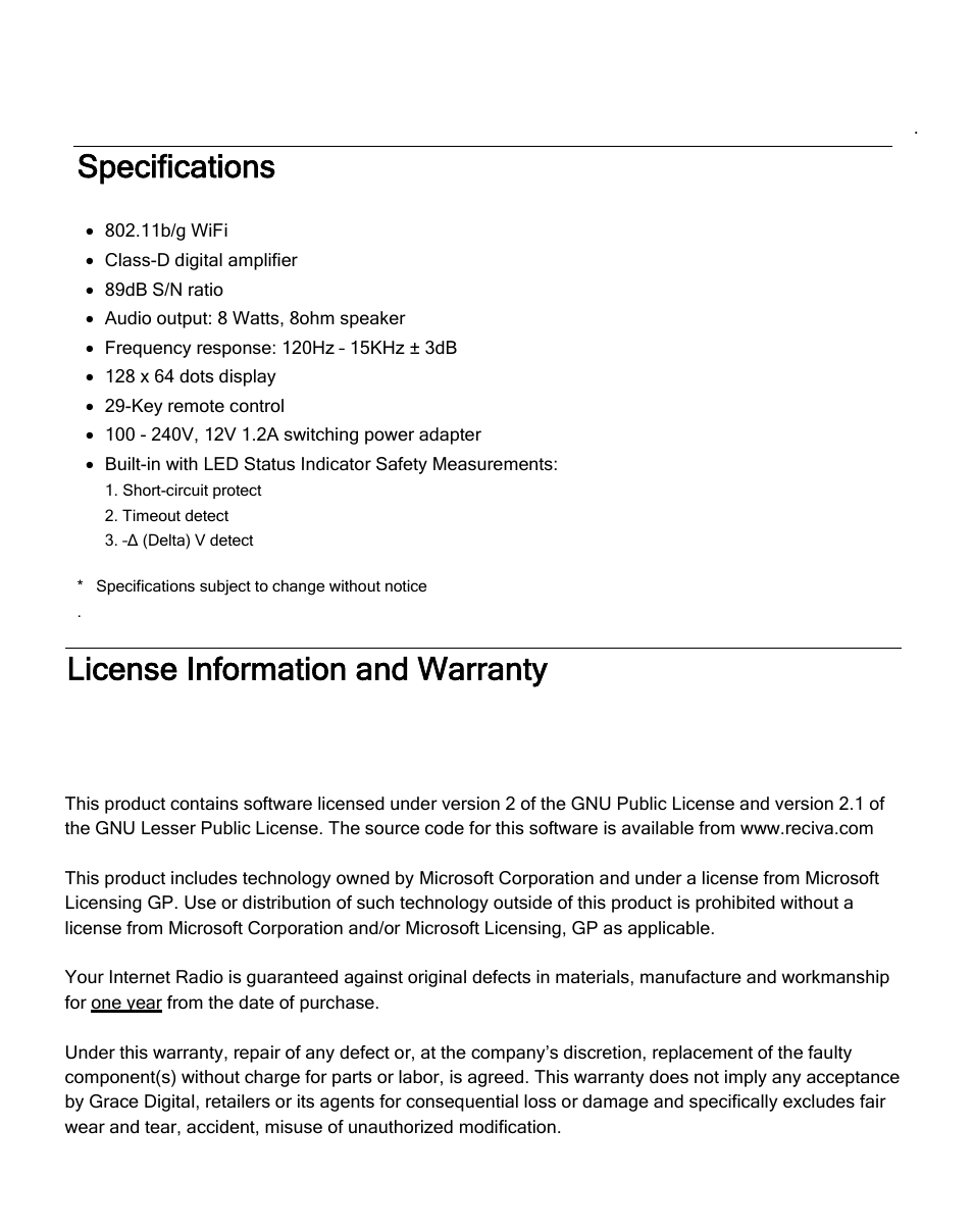 Specifications, License information and warranty | ECOXGEAR IR2500: Innovator III User Manual | Page 45 / 51