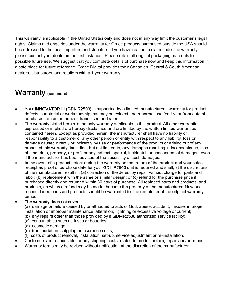 Warranty (continued), Warranty | ECOXGEAR IR2500: Innovator III User Manual | Page 46 / 51