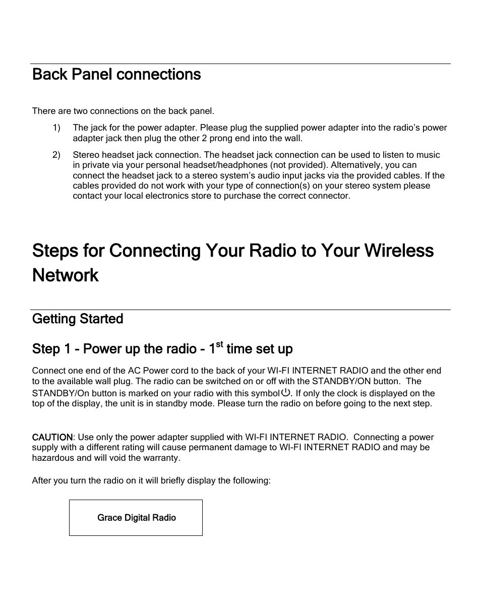 Back panel connections, Getting started, Step 1 - power up the radio - 1 | Time set up | ECOXGEAR IR2550P: Pandora Radio User Manual | Page 13 / 51