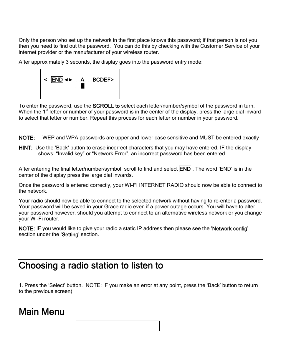 Choosing a radio station to listen to, Main menu | ECOXGEAR IR2550P: Pandora Radio User Manual | Page 16 / 51