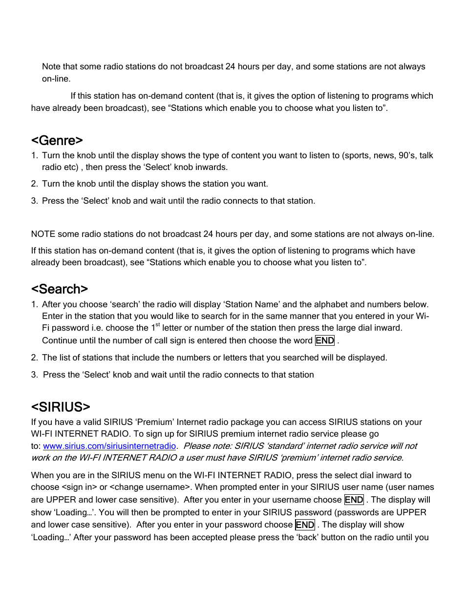 Genre, Search, Sirius | ECOXGEAR IR2550P: Pandora Radio User Manual | Page 18 / 51