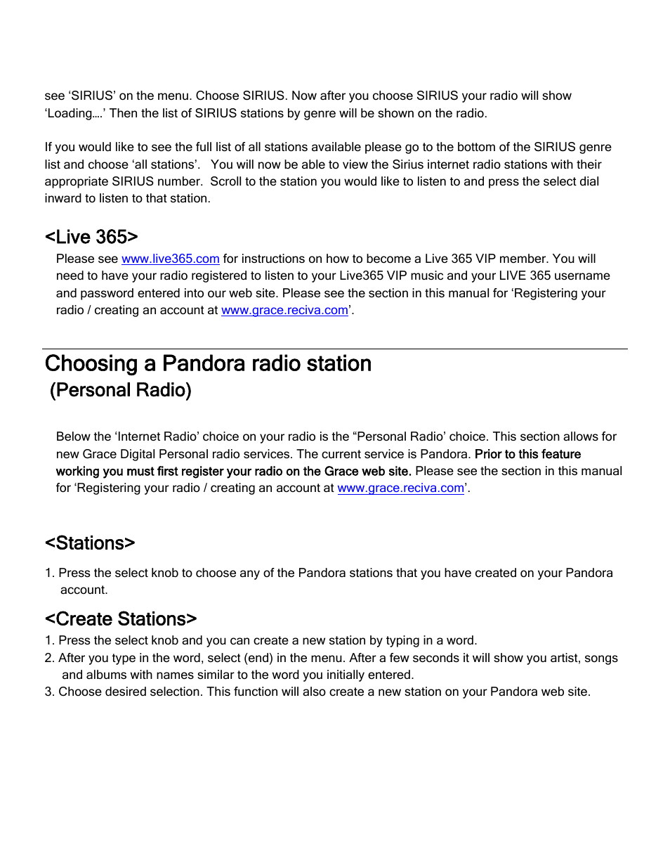 Choosing a pandora radio station, Live 365, Personal radio) | Stations, Create stations | ECOXGEAR IR2550P: Pandora Radio User Manual | Page 19 / 51