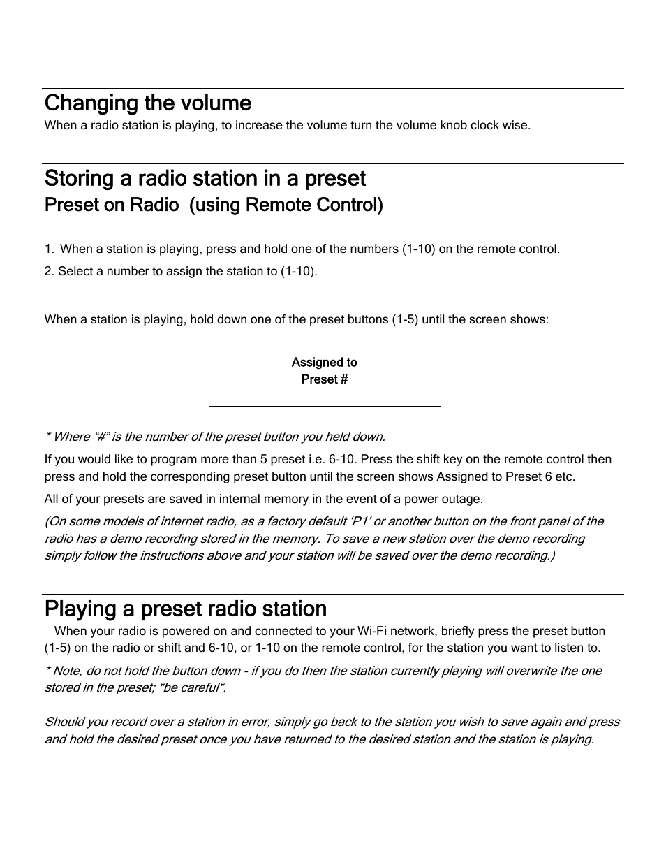 Changing the volume, Storing a radio station in a preset, Playing a preset radio station | Preset on radio (using remote control) | ECOXGEAR IR2550P: Pandora Radio User Manual | Page 20 / 51