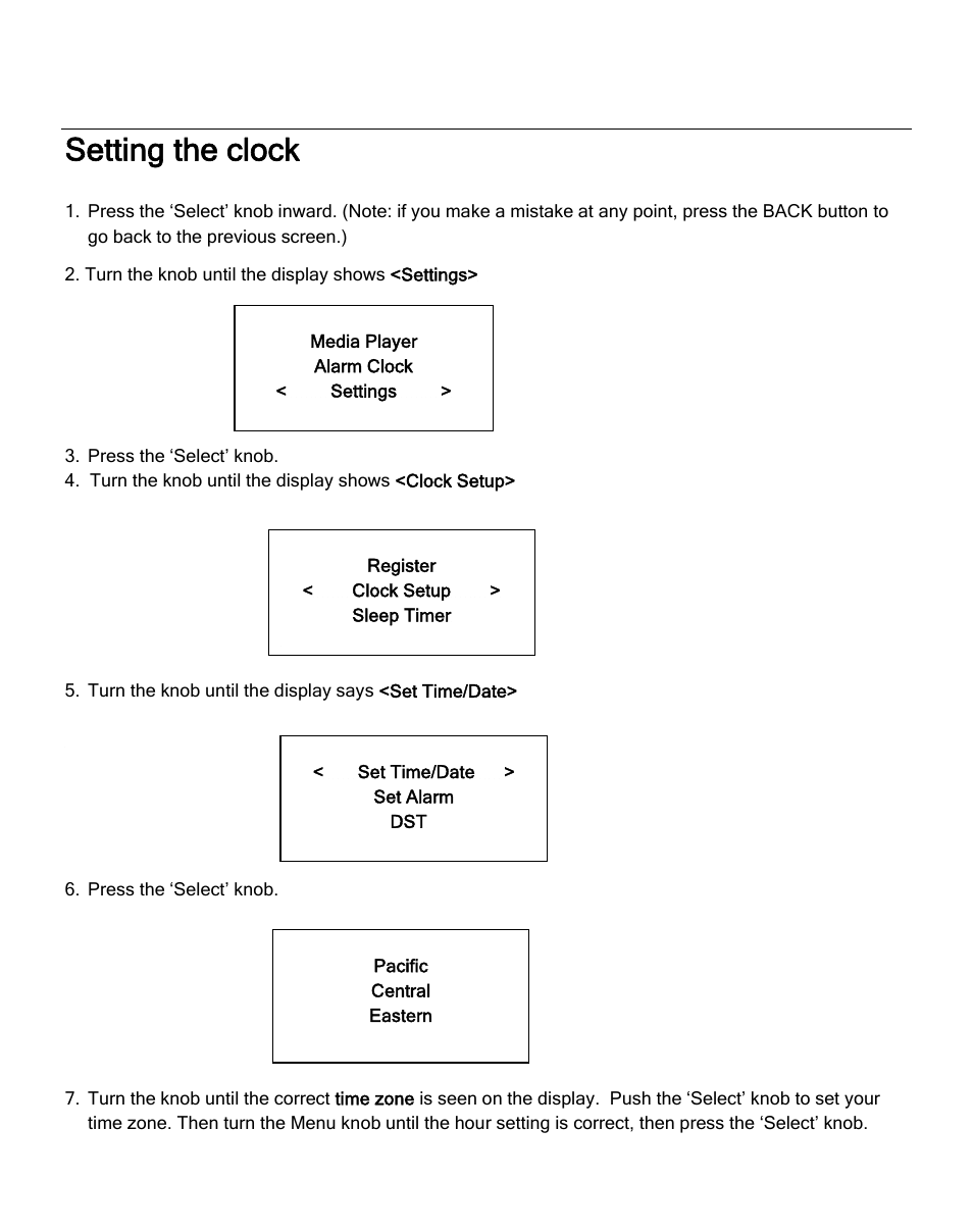 Setting the clock | ECOXGEAR IR2550P: Pandora Radio User Manual | Page 22 / 51