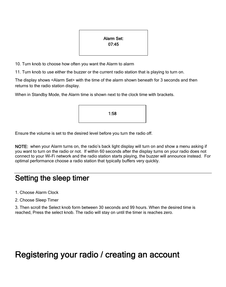 Setting the sleep timer, Registering your radio / creating an account | ECOXGEAR IR2550P: Pandora Radio User Manual | Page 25 / 51