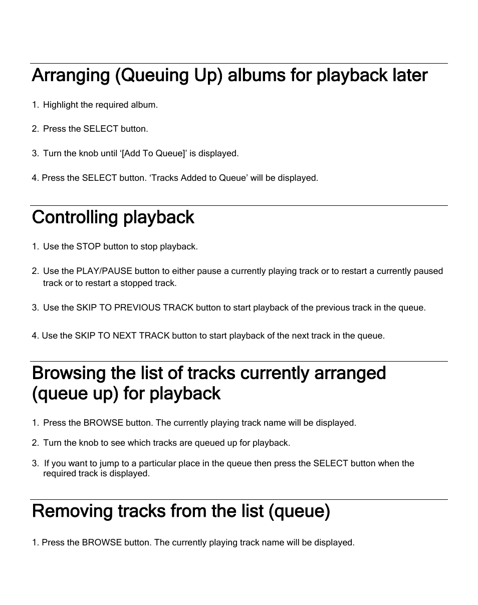 Arranging (queuing up) albums for playback later, Controlling playback, Removing tracks from the list (queue) | ECOXGEAR IR2550P: Pandora Radio User Manual | Page 34 / 51