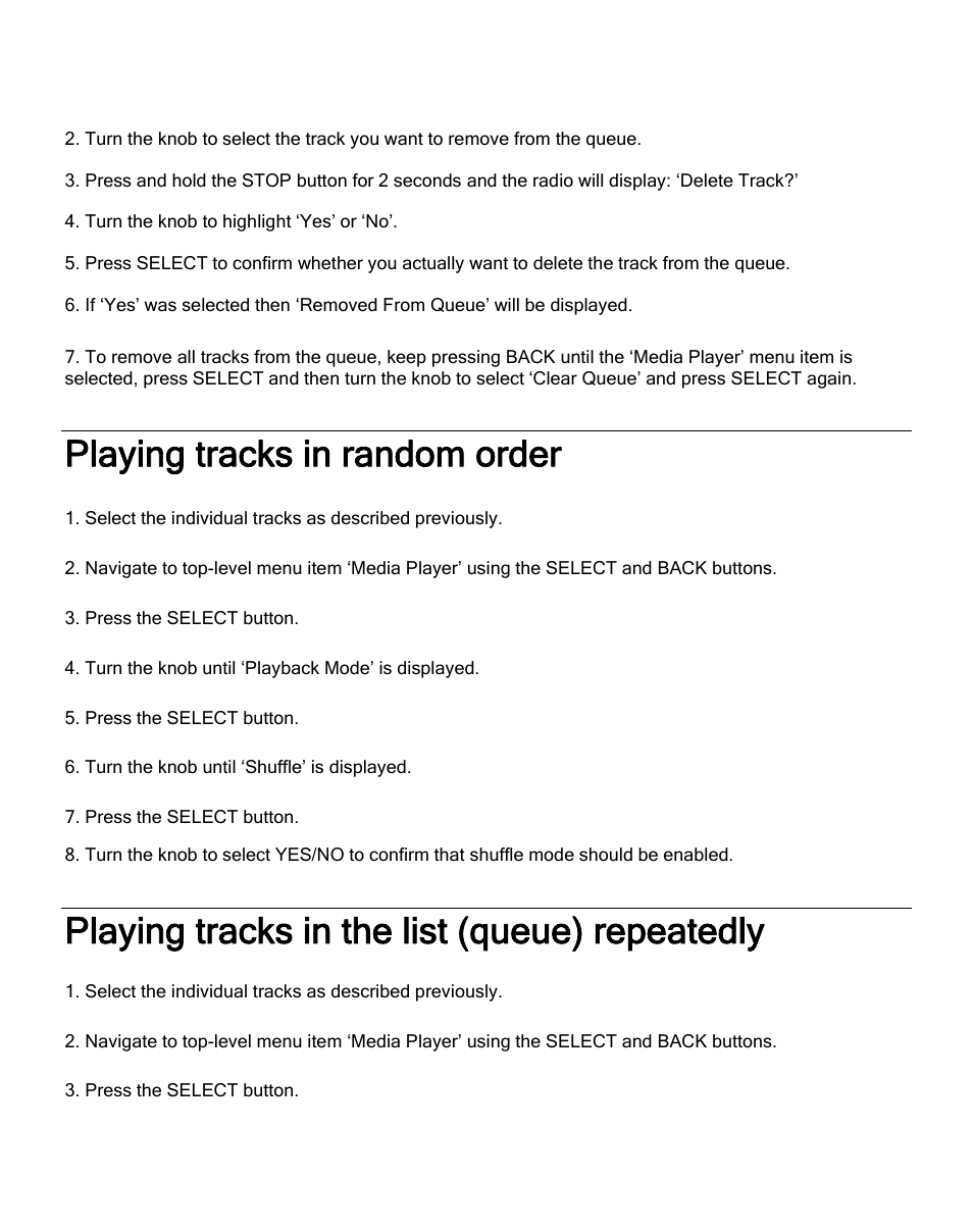 Playing tracks in random order, Playing tracks in the list (queue) repeatedly | ECOXGEAR IR2550P: Pandora Radio User Manual | Page 35 / 51