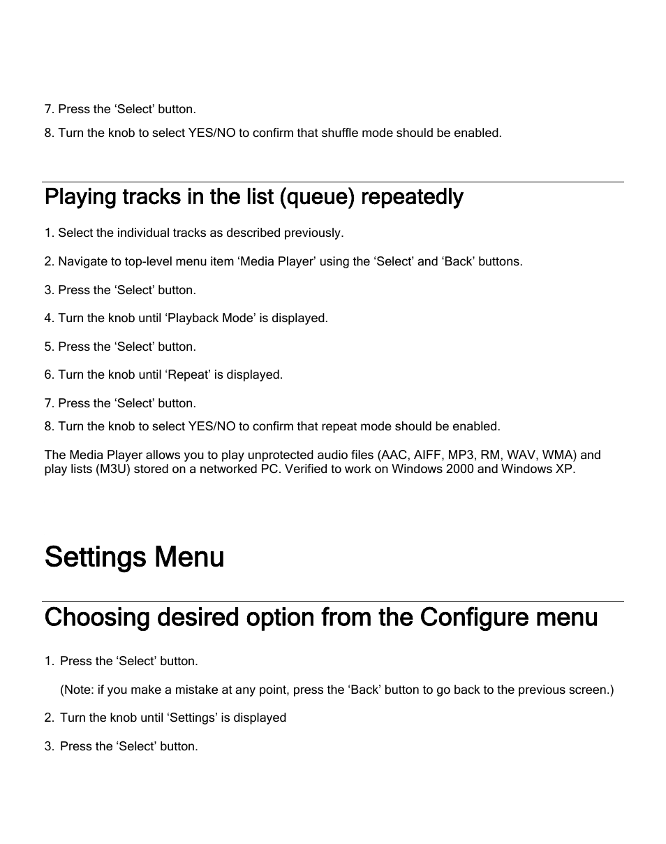 Playing tracks in the list (queue) repeatedly, Choosing desired option from the configure menu, Settings menu | ECOXGEAR IR2550P: Pandora Radio User Manual | Page 41 / 51