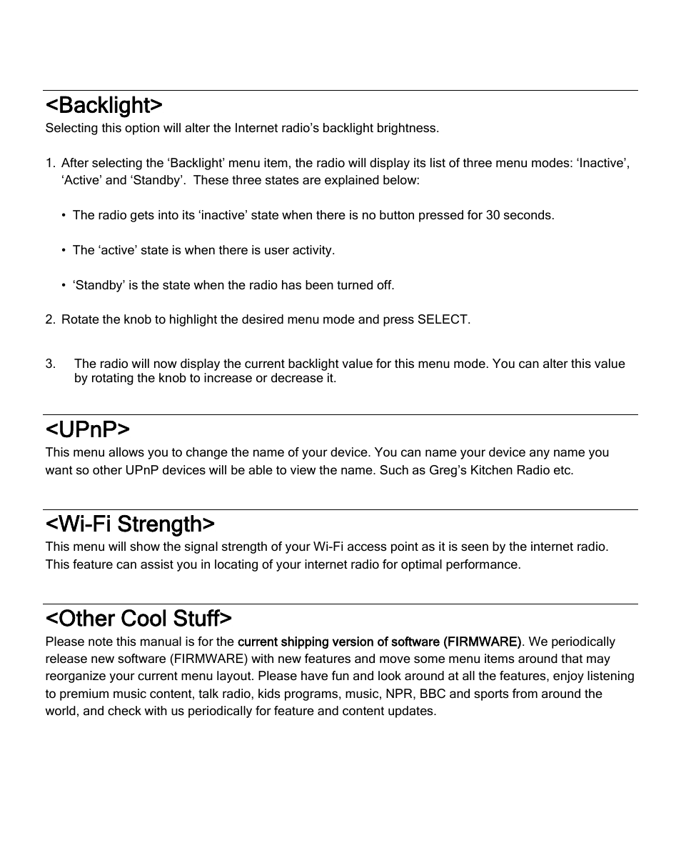 Backlight, Upnp, Wi-fi strength | Other cool stuff | ECOXGEAR IR2550P: Pandora Radio User Manual | Page 43 / 51