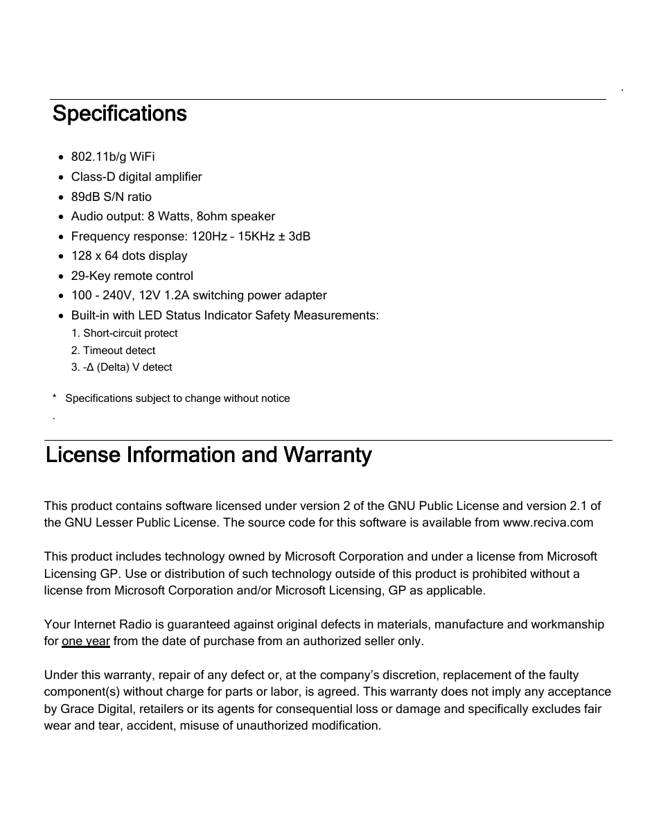 Specifications, License information and warranty | ECOXGEAR IR2550P: Pandora Radio User Manual | Page 45 / 51