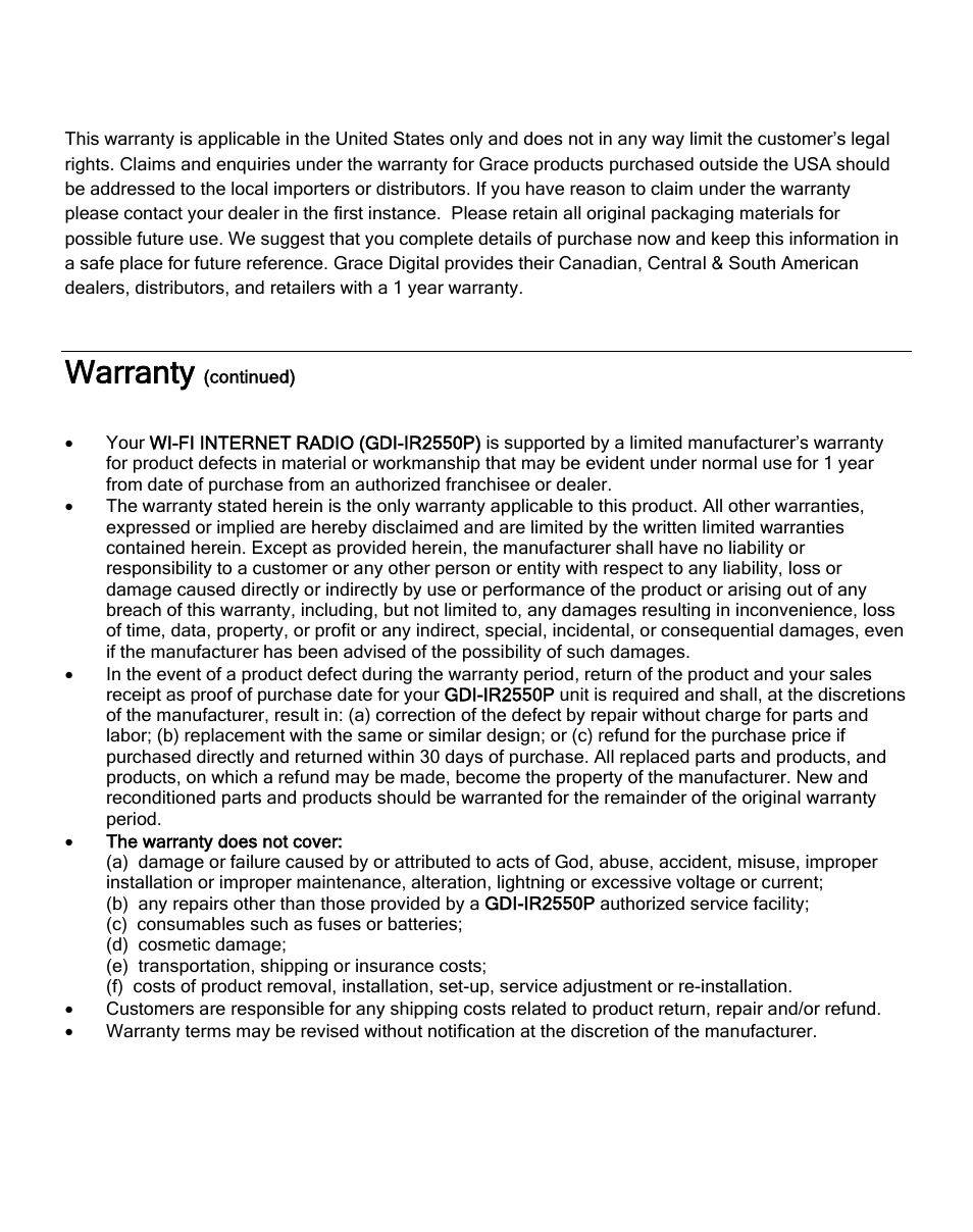 Warranty (continued), Warranty | ECOXGEAR IR2550P: Pandora Radio User Manual | Page 46 / 51