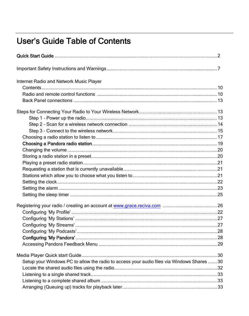 User’s guide table of contents | ECOXGEAR IR2550P: Pandora Radio User Manual | Page 5 / 51