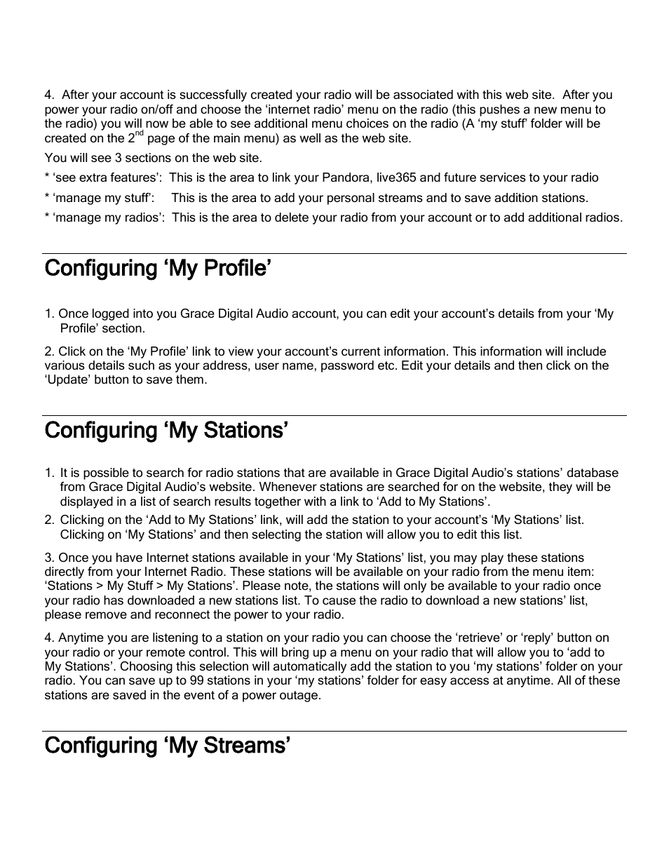 Configuring ‘my profile, Configuring ‘my stations, Configuring ‘my streams | ECOXGEAR IR2600: Innovator X User Manual | Page 27 / 52