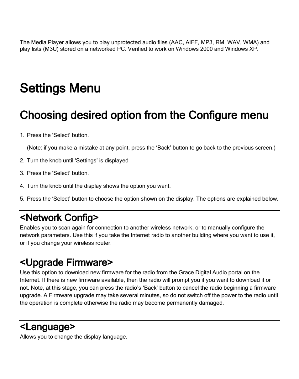 Settings menu, Choosing desired option from the configure menu, Network config | Upgrade firmware, Language | ECOXGEAR IR2600: Innovator X User Manual | Page 42 / 52