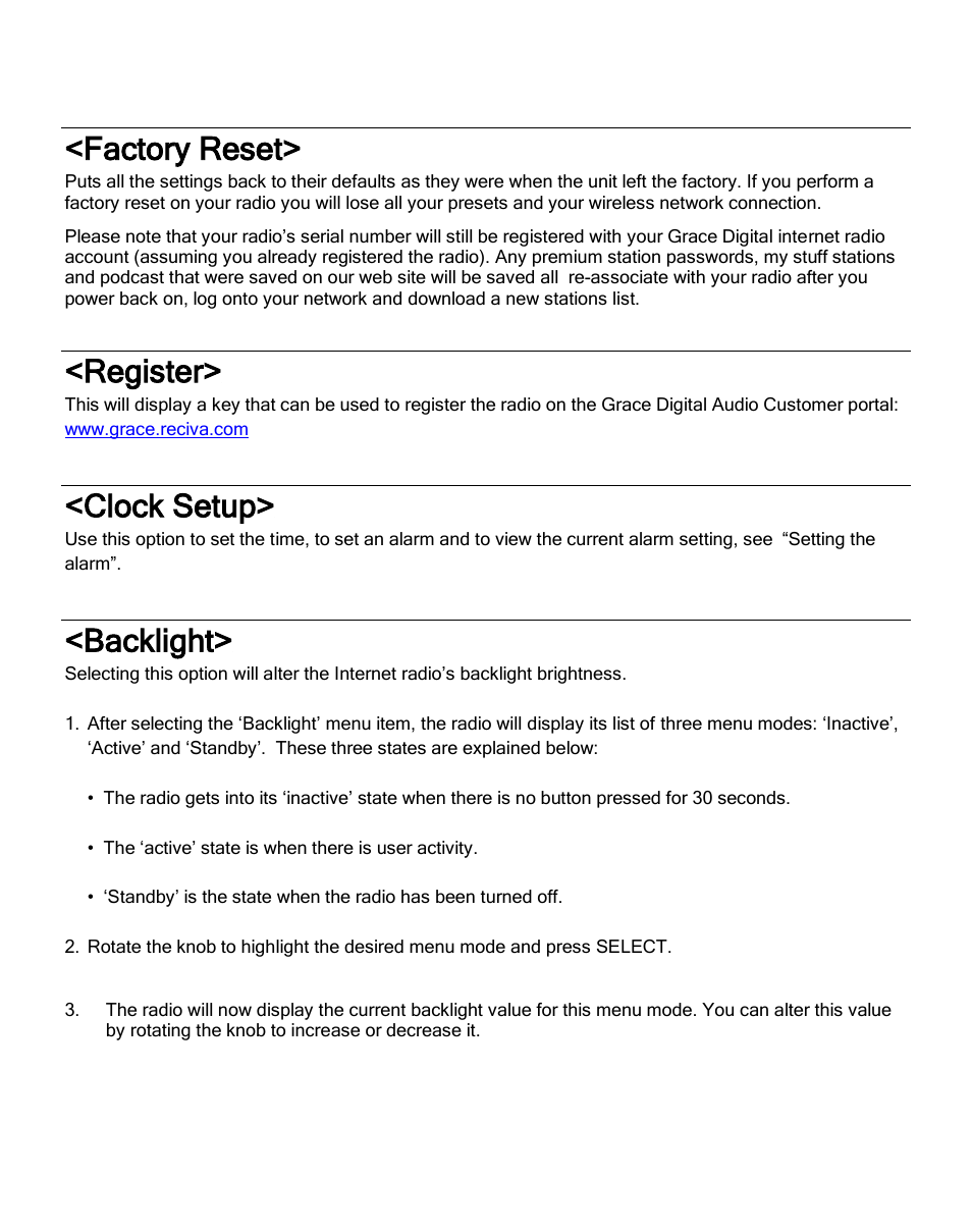 Factory reset, Register, Clock setup | Backlight | ECOXGEAR IR2600: Innovator X User Manual | Page 43 / 52