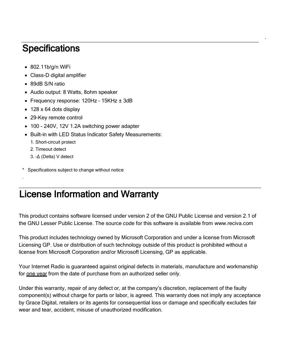 Specifications, License information and warranty | ECOXGEAR IR2600: Innovator X User Manual | Page 46 / 52