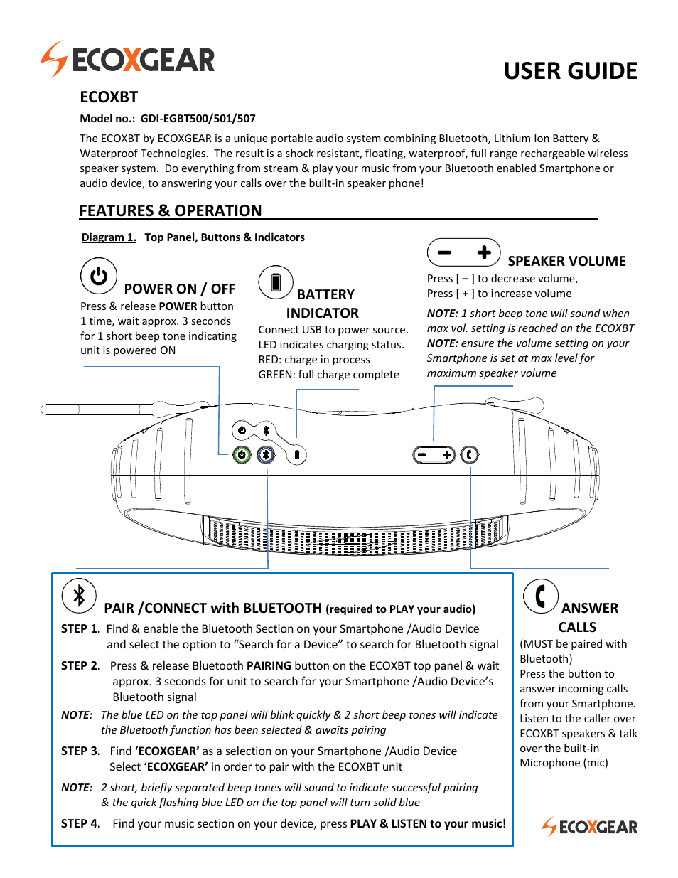 ECOXGEAR EGBT500-501-507: ECOXBT User Manual | 4 pages