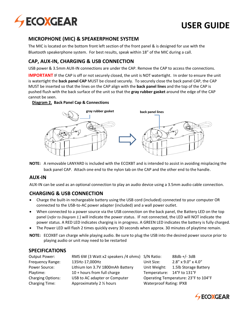 User guide, Specifications, Microphone (mic) & speakerphone system | Cap, aux-in, charging & usb connection, Aux-in, Charging & usb connection | ECOXGEAR EGBT500-501-507: ECOXBT User Manual | Page 2 / 4