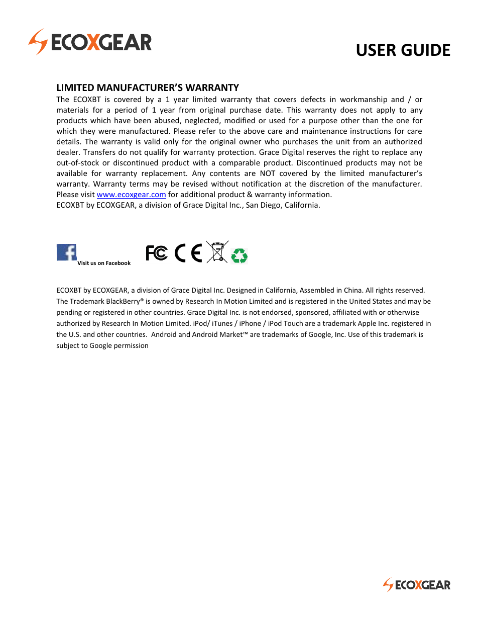 User guide, Limited manufacturer’s warranty | ECOXGEAR EGBT500-501-507: ECOXBT User Manual | Page 4 / 4