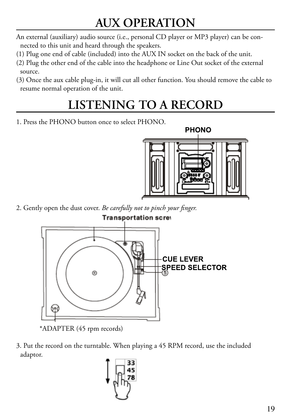 Aux operation, Listening to a record | ECOXGEAR TWCCDRW: Tunewriter II User Manual | Page 19 / 38