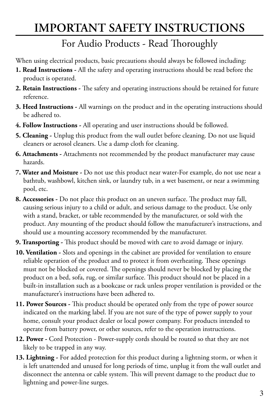 Important safety instructions, For audio products - read thoroughly | ECOXGEAR TWCCDRW: Tunewriter II User Manual | Page 3 / 38