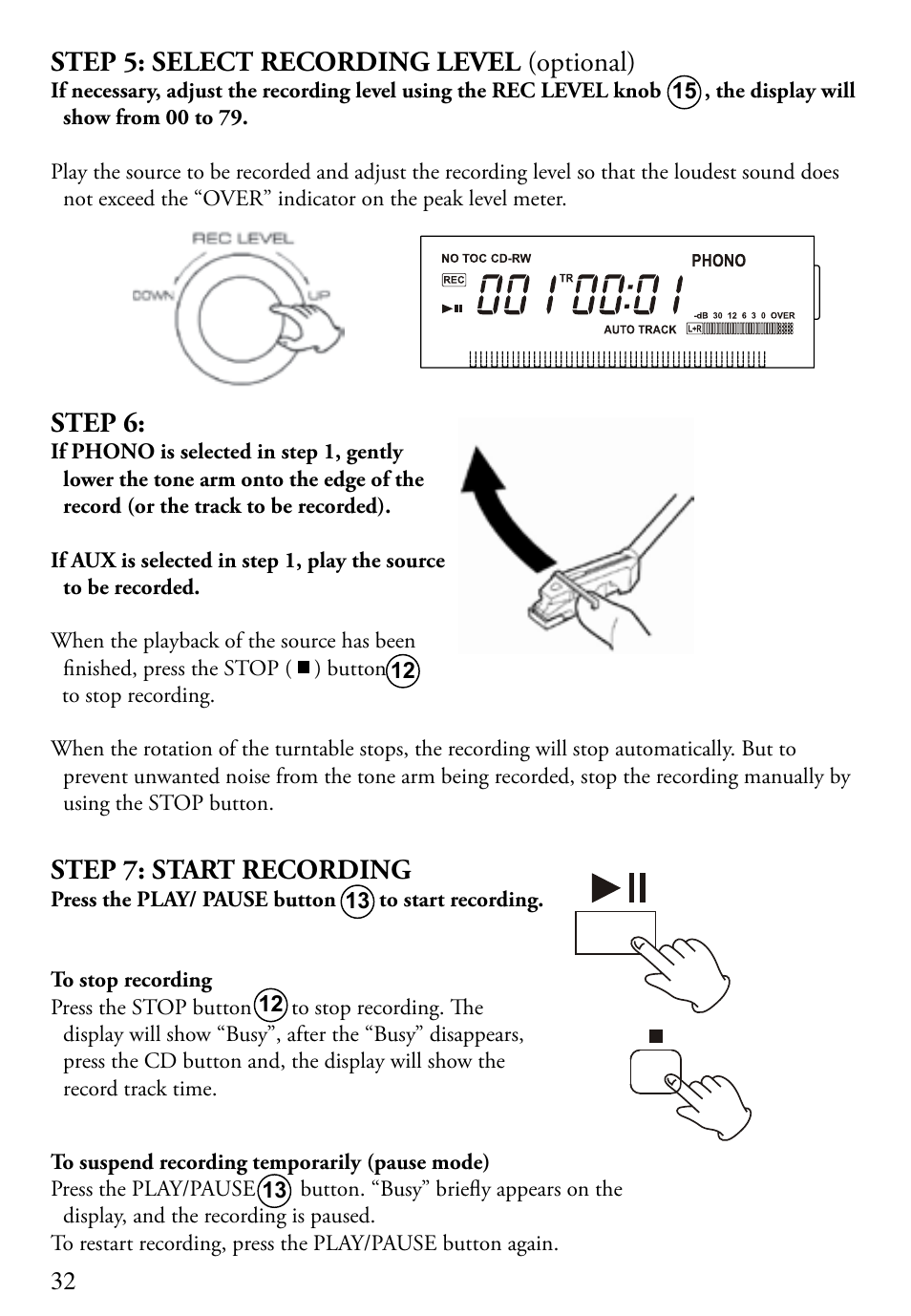 Step 6, Step 7: start recording, Step 5: select recording level (optional) | ECOXGEAR TWCCDRW: Tunewriter II User Manual | Page 32 / 38