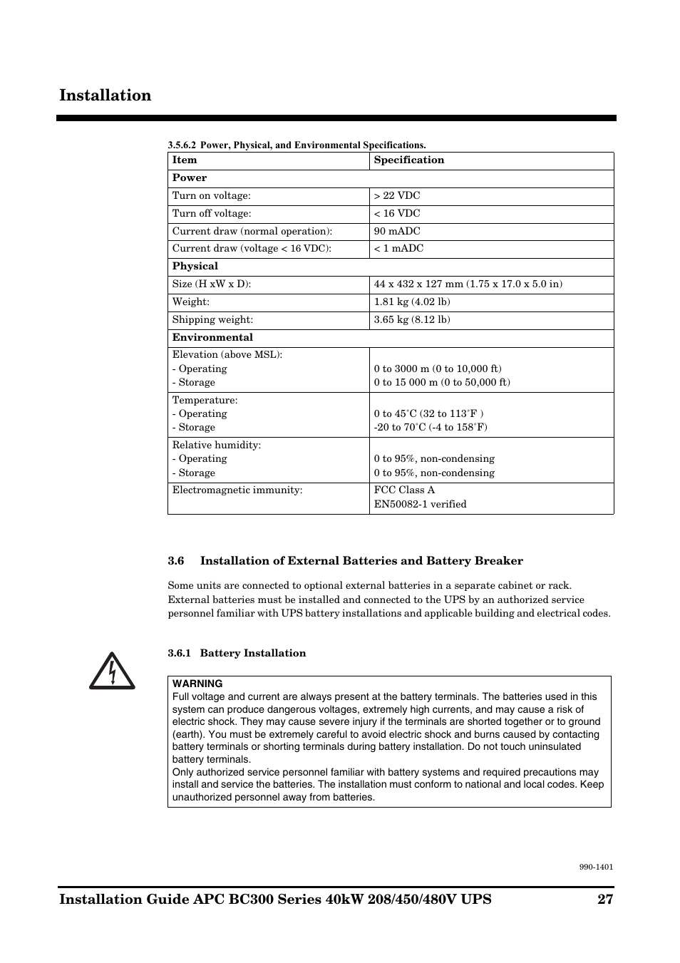 Installation | APC BC300 Series User Manual | Page 27 / 38