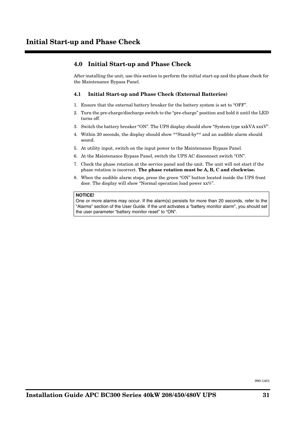 Initial start-up and phase check | APC BC300 Series User Manual | Page 31 / 38