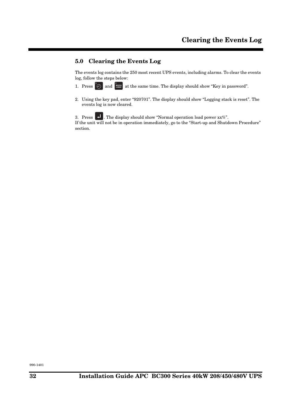 Clearing the events log, 0 clearing the events log | APC BC300 Series User Manual | Page 32 / 38